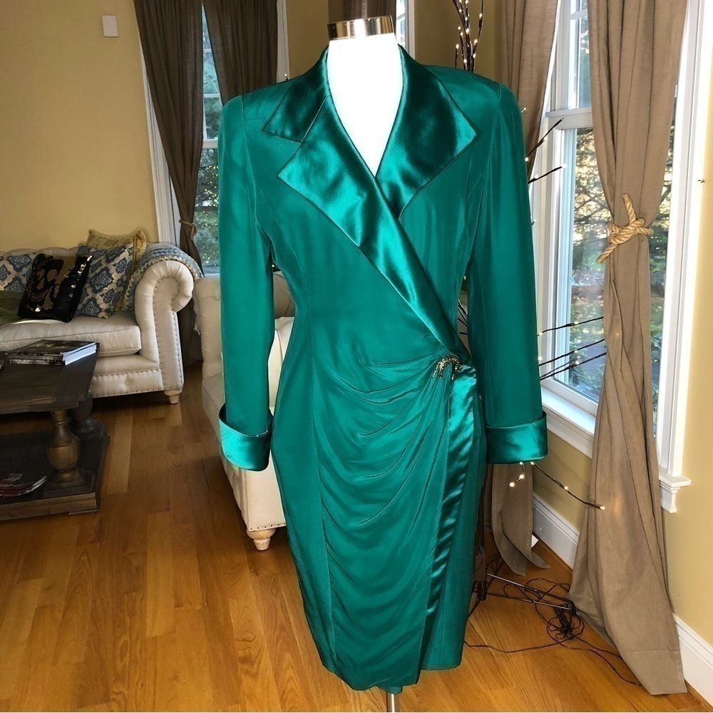 Vintage PSI Night Silk Wrap Power Dress Green 10 - Picture 2 of 15